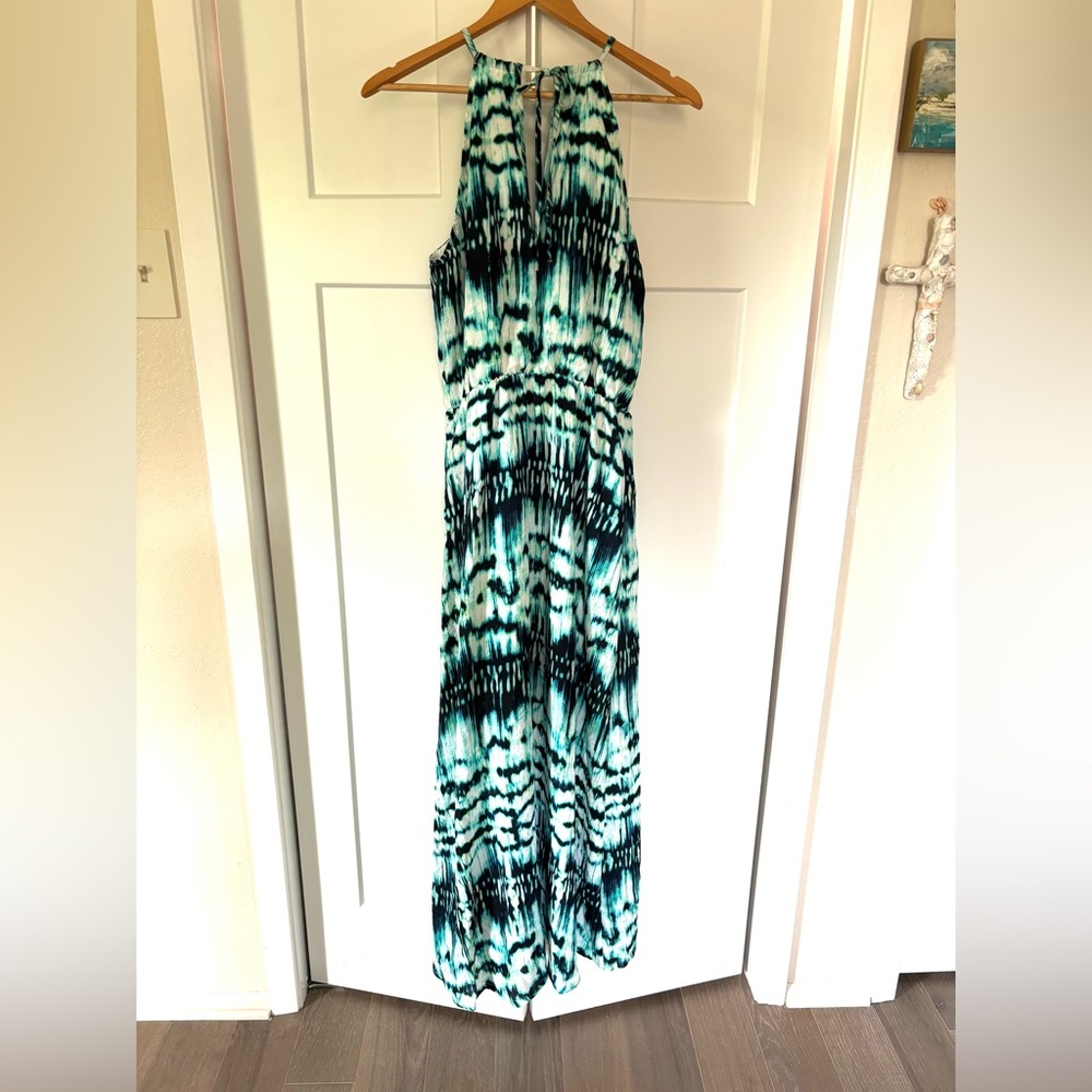 Decree turquoise,teal, white, navy tie dye style halter maxi dress EUC